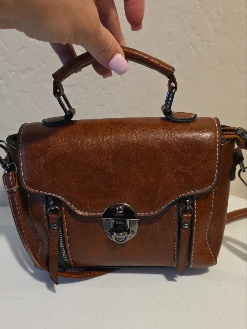 Brown Leather Crossbody Satchel Handbag